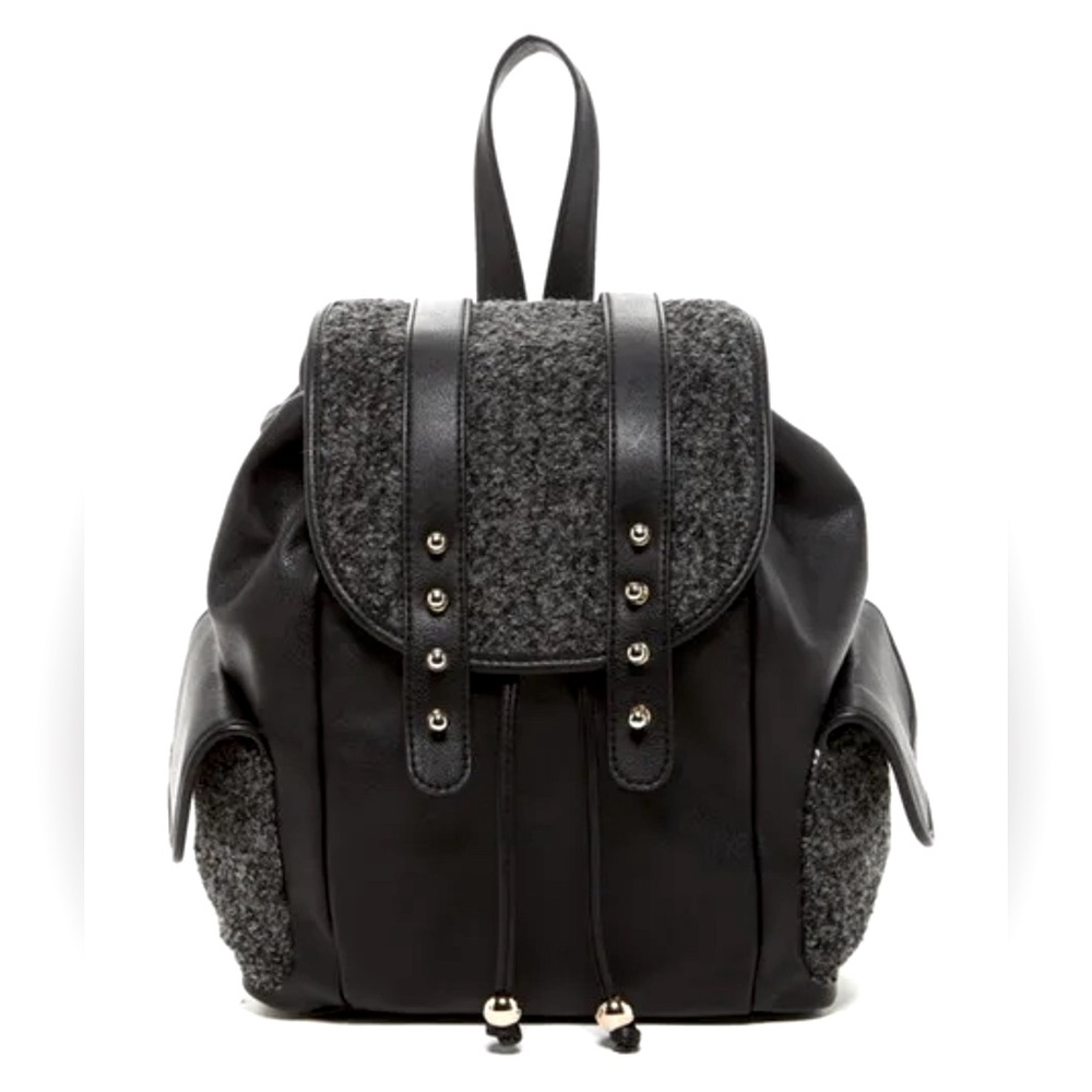 Big Buddha: Black Grey Boucle Doris faux Shearling Leather Flap Backpack